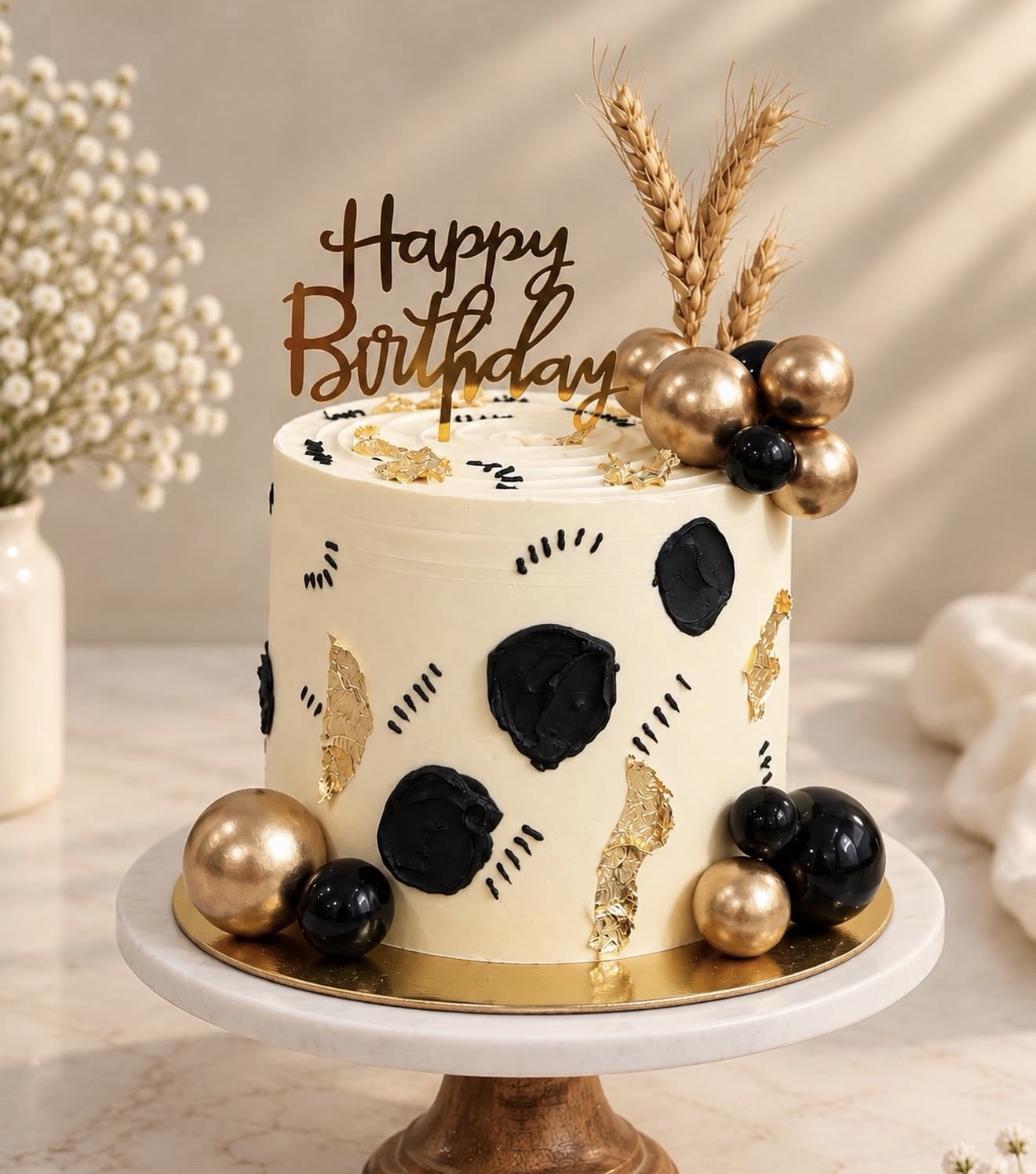Black white and gold abstract birthday cake