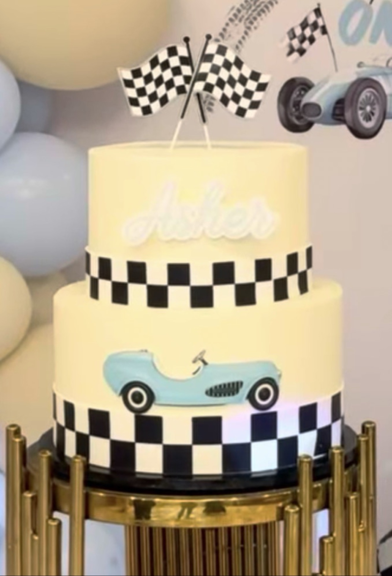 Two-tier race car birthday cake
