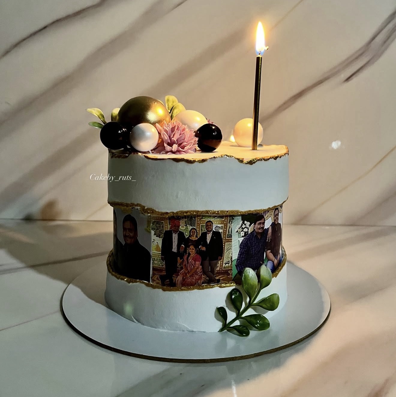White and gold photo birthday cake